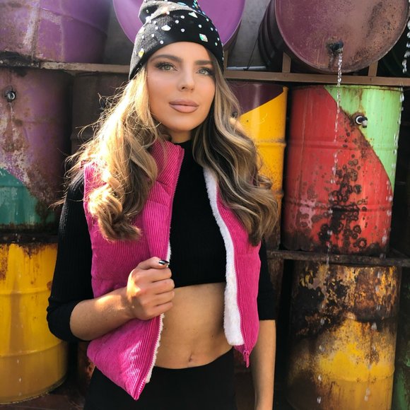 Pink Corduroy Faux Fur Lined Puffer Vest - Picture 2 of 2